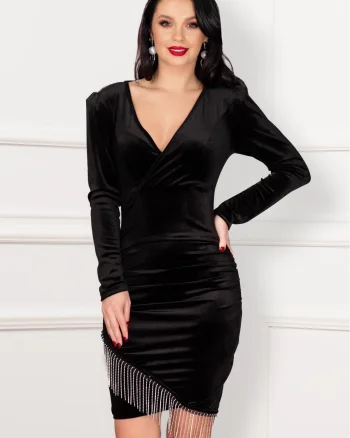 Rochie de seara din catifea Norah neagra cu franjuri din strassuri