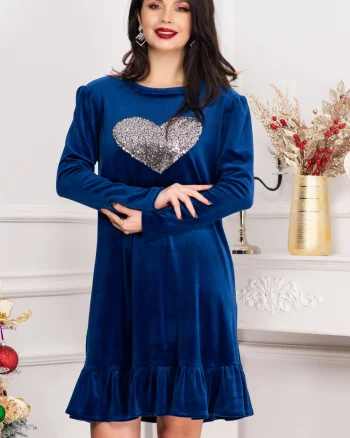 Rochie din catifea Alma albastru royal cu inima din paiete