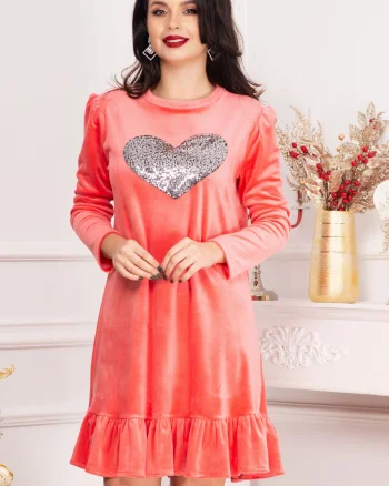 Rochie din catifea Alma roz cu inima din paiete