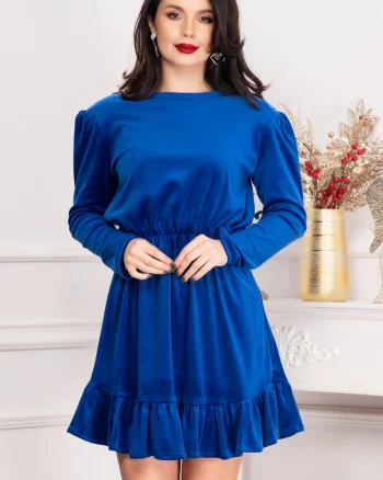 Rochie dama Cherry din catifea albastru royal cu volanas