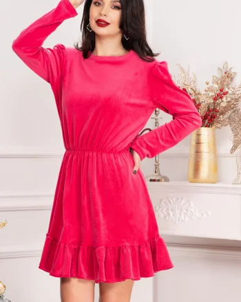 Rochie dama Cherry din catifea fucsia cu volanas