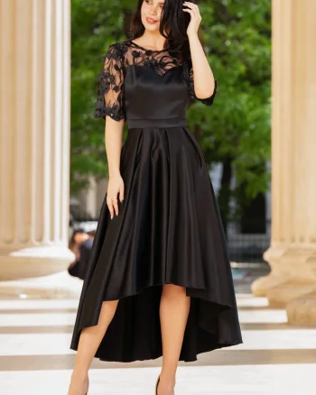 Rochie de soacra neagra cu flori 3D si pliseuri