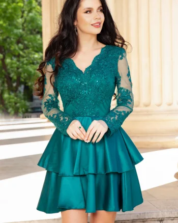 Rochie de ocazie verde baby-doll eleganta cu dantela si volane