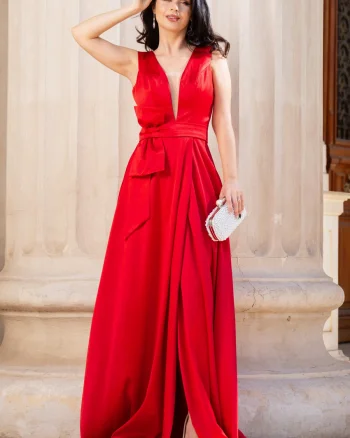 Rochie de seara rosie din tafta cu funda stilizata