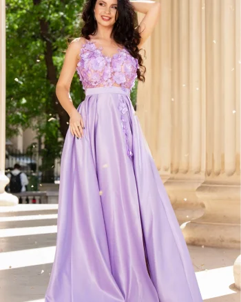 Rochie eleganta Abigail lila tip printesa din tafta cu flori 3D