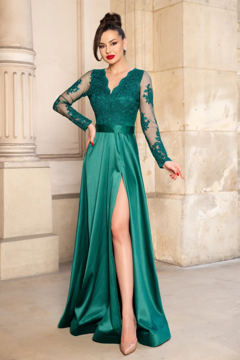 Rochie de seara verde din tafta Joana lunga cu bust din dantela