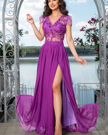 Rochie de seara eleganta Larissa mov din voal cu flori 3D