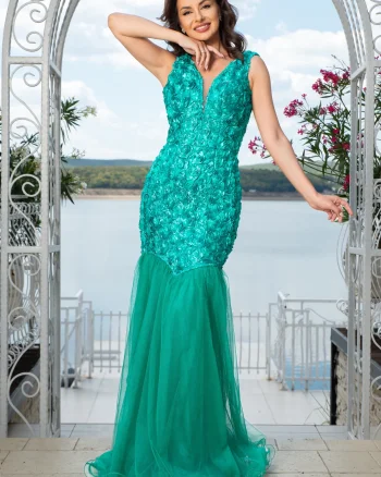 Rochie de seara verde eleganta tip sirena Elvira cu trandafiri 3D