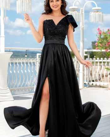 Rochie de seara neagra eleganta lunga Ellis cu funda pe umar