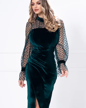 Rochie de ocazie verde din catifea cu maneci din tulle cu buline