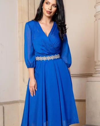 Rochie de ocazie in clos albastra Romina cu cordon stralucitor in talie