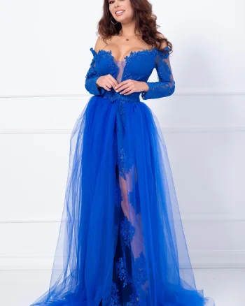 Rochie de seara lunga albastra Aurora din tulle si dantela