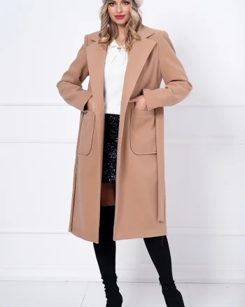 Palton dama camel lung Adelina cu buzunare maxi