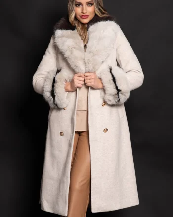 Palton dama lung elegant Aleksandra din stofa bej cu blana eco