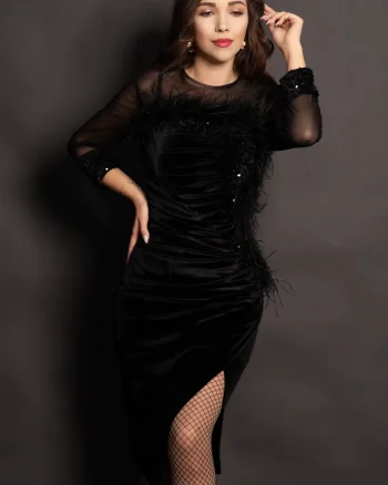 Rochie din catifea neagra Noelia cu paiete si fulgi