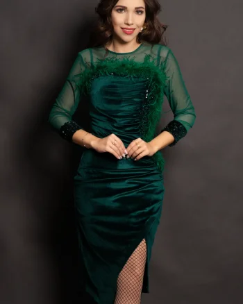 Rochie din catifea verde Noelia cu paiete si fulgi