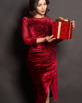 Rochie din catifea bordo Noelia cu paiete si fulgi
