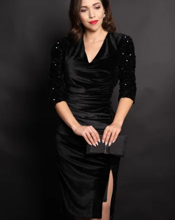 Rochie de ocazie din catifea Sammy neagra cu fronseuri si paiete pe o parte