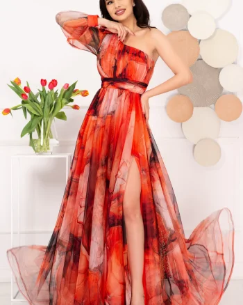 Rochie de seara pretioasa Carolina orange cu model tip pictura