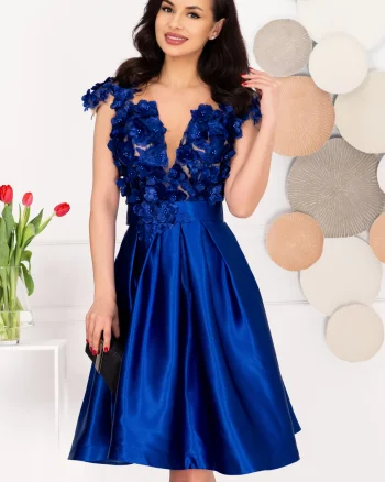 Rochie de ocazie eleganta albastra in clos Liana cu flori 3D