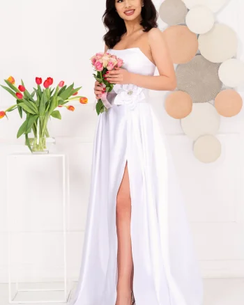 Rochie de cununie lunga alba Lorelai din tafta cu floare 3D