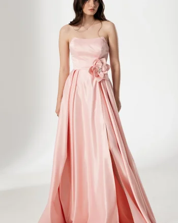 Rochie eleganta lunga roz Lorelai din tafta cu floare 3D