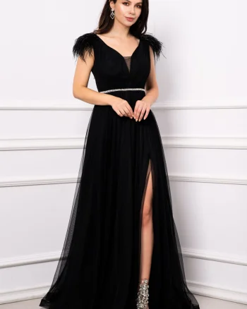 Rochie de seara Gratiela neagra cu perle in talie si accesoriu tip fulgi