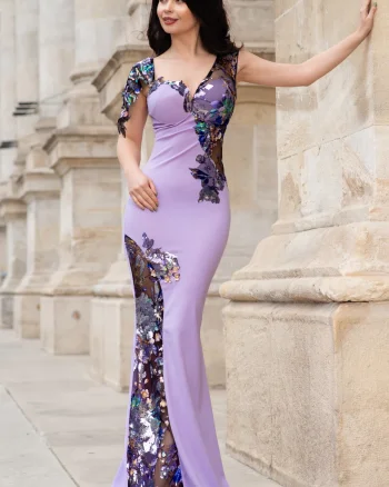 Rochie de seara eleganta Kany lavanda cu model din paiete si flori pastelate