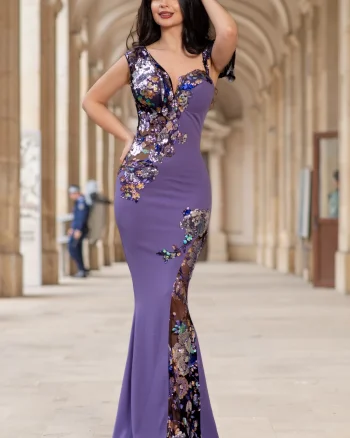 Rochie de seara tip sirena Kany lila cu model din paiete si flori pastelate