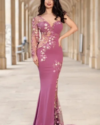 Rochie de seara eleganta lunga lila Anelisse tip sirena cu flori de cires brodate