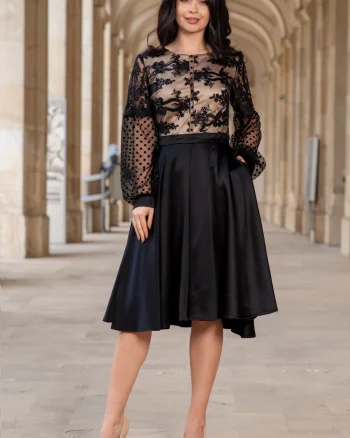Rochie eleganta midi in clos Paulina cu broderie neagra