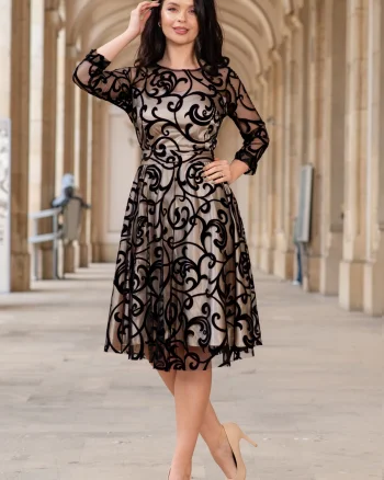 Rochie de ocazie midi Francesca cu model din catifea si dublura bej