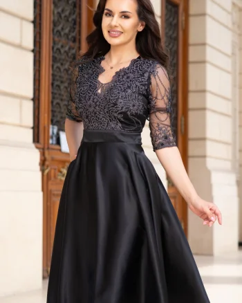 Rochie de ocazie midi neagra Lucrezia din tafta cu broderie