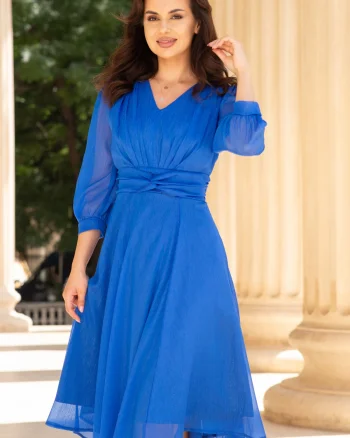 Rochie de ocazie midi albastra in clos Romina cu fir lurex