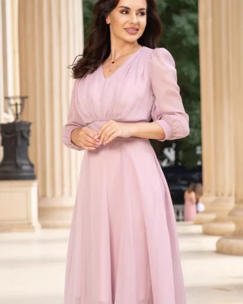 Rochie de ocazie midi roz in clos Romina cu fir lurex