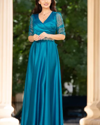 Rochie de seara aqua Giorgia lunga din tafta cu maneci paietate