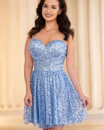 Rochie de ocazie mini bleu in clos decorata cu paiete