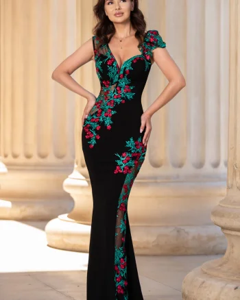 Rochie de seara tip sirena Fabrizia cu flori rosii brodate