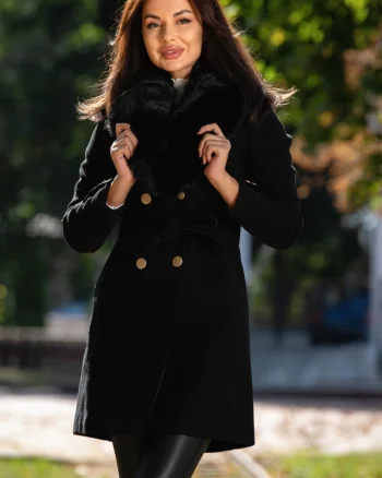 Palton dama din stofa Patricia negru cu guler din blana si nasturi la mansete