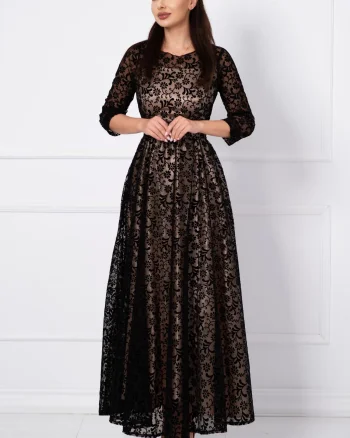 Rochie de seara lunga Francesca cu model floral din catifea si dublura bej