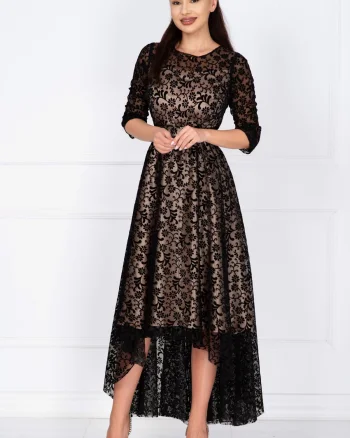 Rochie de ocazie asimetrica Francesca cu model floral din catifea si dublura bej