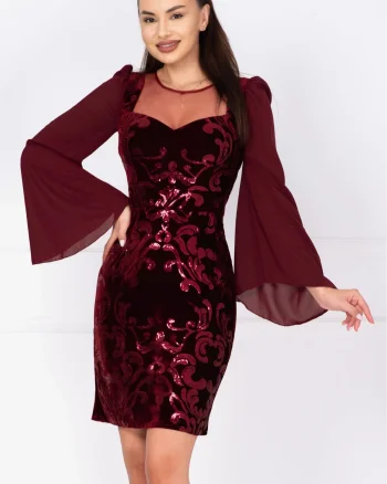 Rochie de ocazie din catifea bordo Celine cu maneci din voal si model paietat