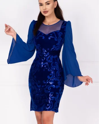 Rochie de ocazie din catifea albastra Celine cu maneci din voal si model paietat