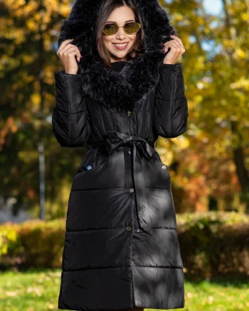 Geaca dama lunga neagra Madeleine cu gluga si blanita