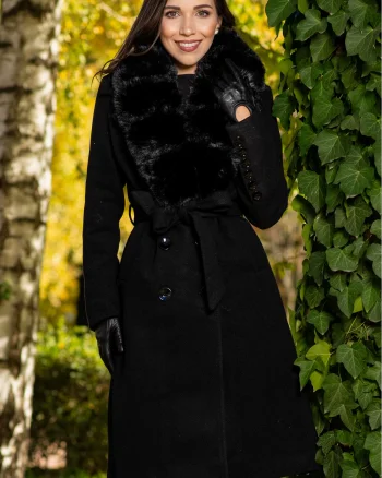 Palton dama negru lung Flavia elegant cu blana la guler