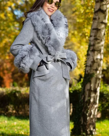 Palton dama gri elegant Fabiola din stofa cu guler din blana
