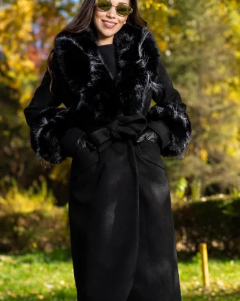 Palton dama negru elegant Fabiola din stofa cu guler din blana