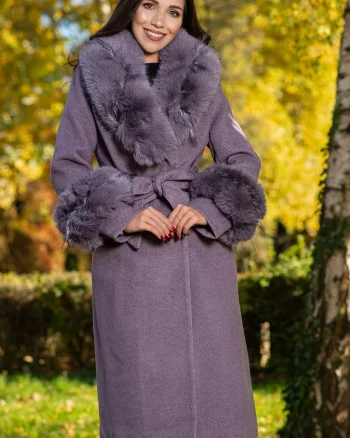 Palton dama mov elegant Fabiola din stofa cu guler din blana
