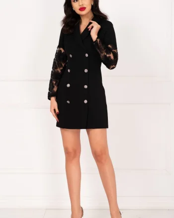 Rochie de ocazie neagra tip sacou cu maneci din tulle brodat