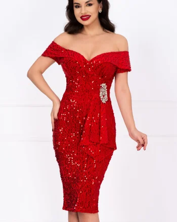 Rochie de ocazie rosie din paiete Iolanda cu accesoriu din strassuri